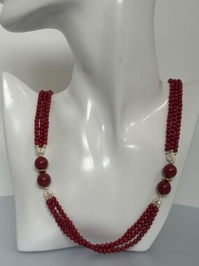 Red Coral real Pearls Necklace with Gold Accent